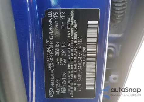 2021 Hyundai Elantra Sel z USA, uszkodzony, nr VIN 5NPLM4AG4MH044158